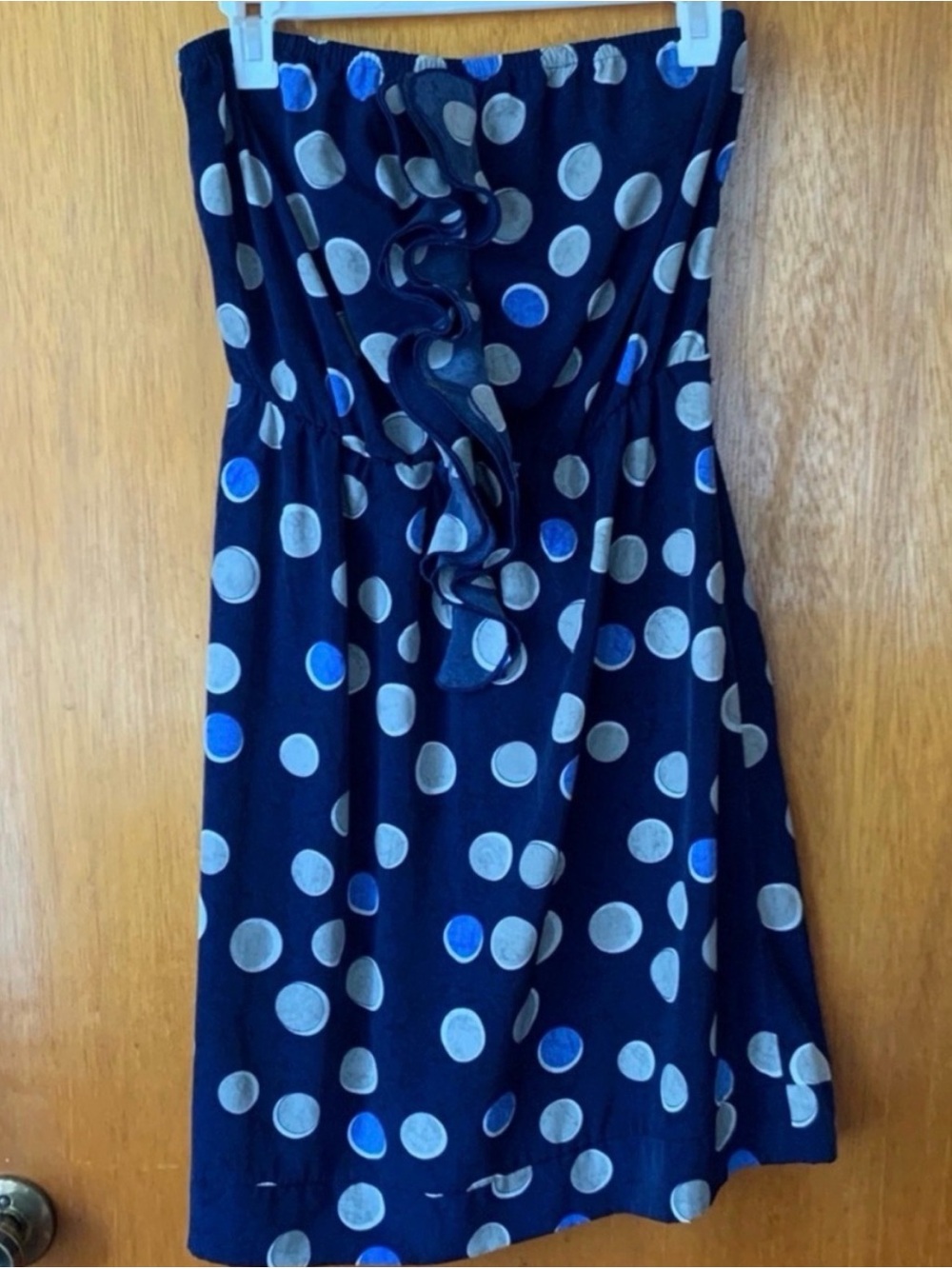 Navy Blue Polka Dot Strapless Dress with Ruffle